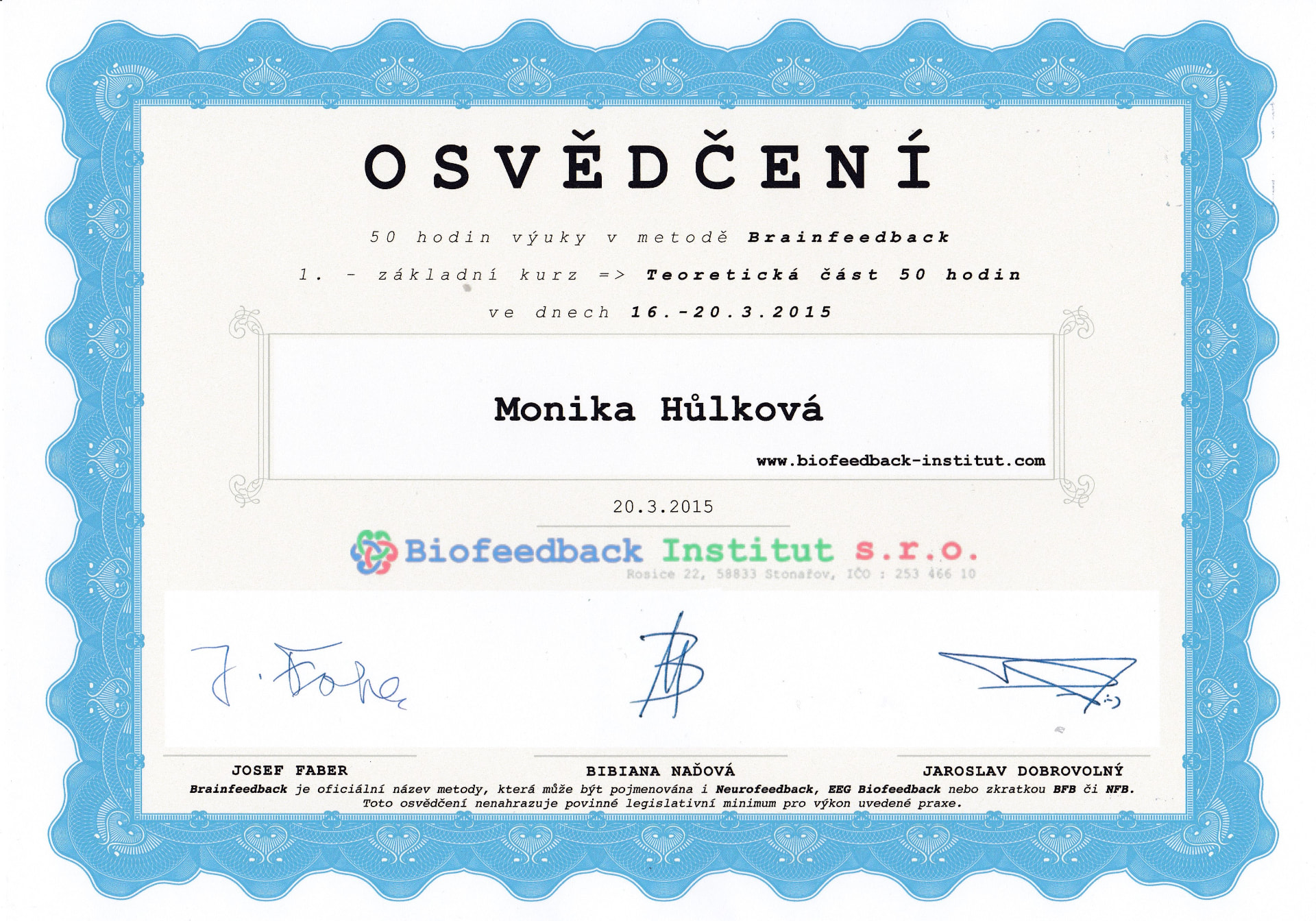Certifikát EEG Biofeedback – strana 1