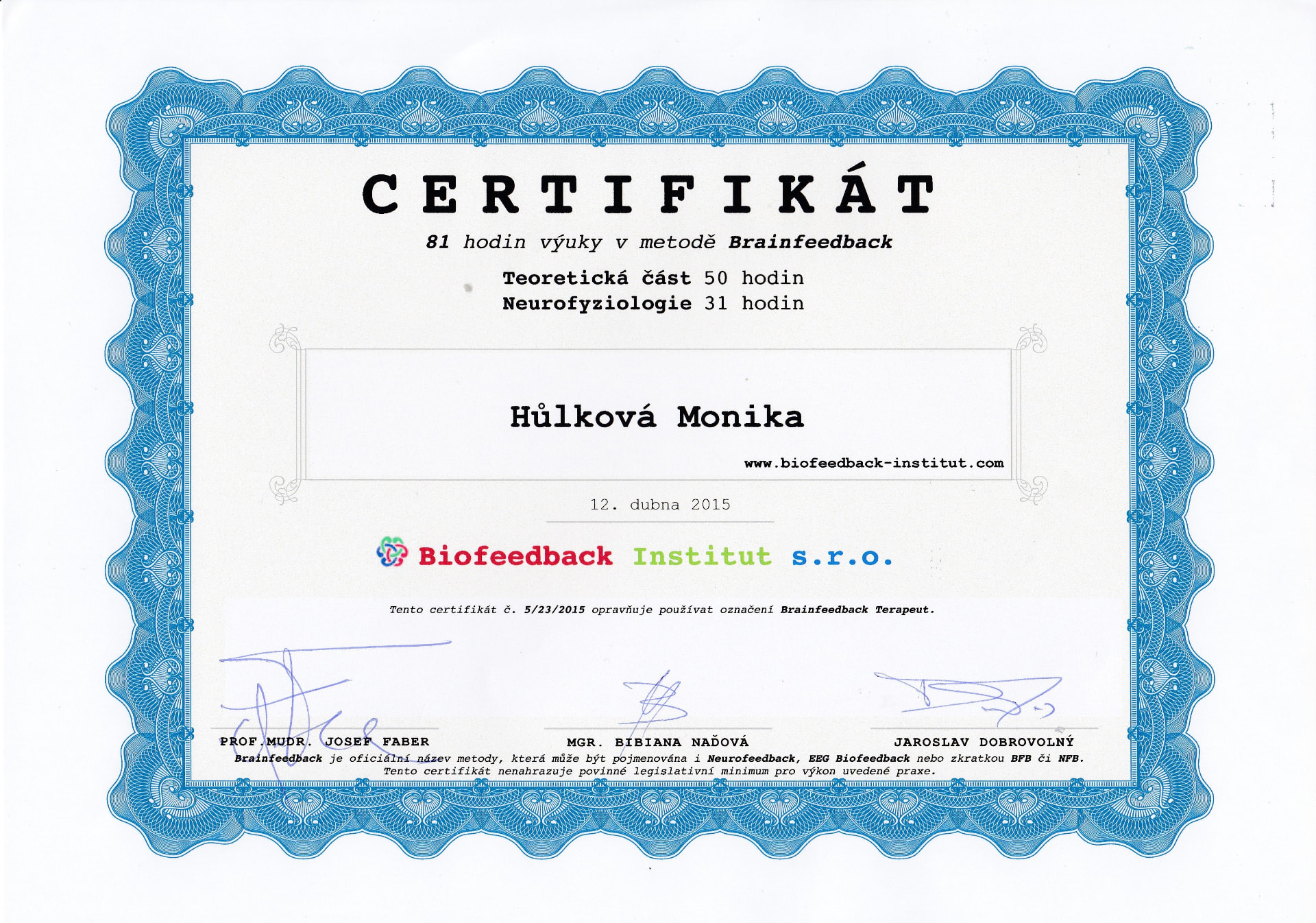 Certifikát EEG Biofeedback – strana 2