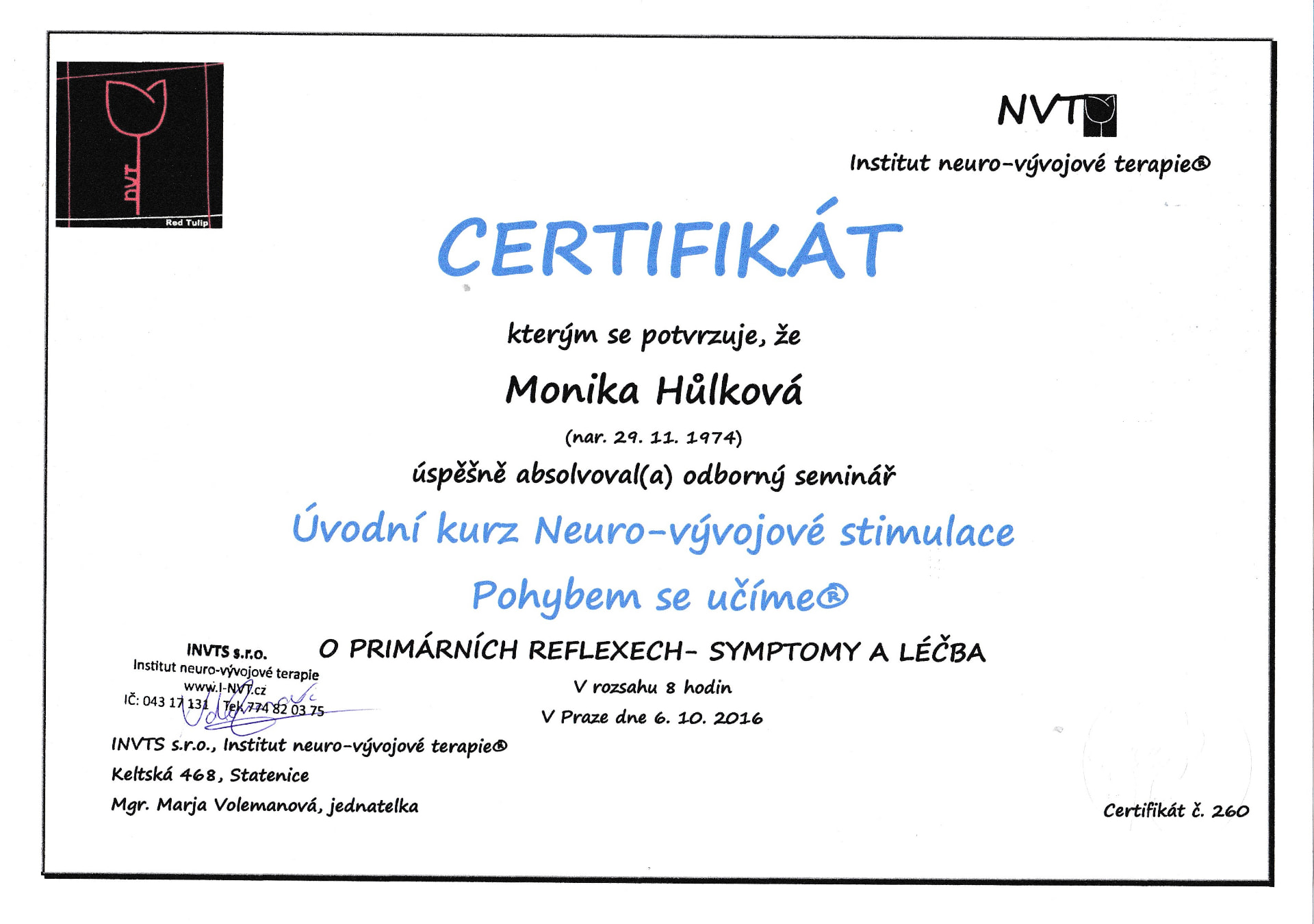 Certifikát Neuro-vývojová stimulace – strana 1