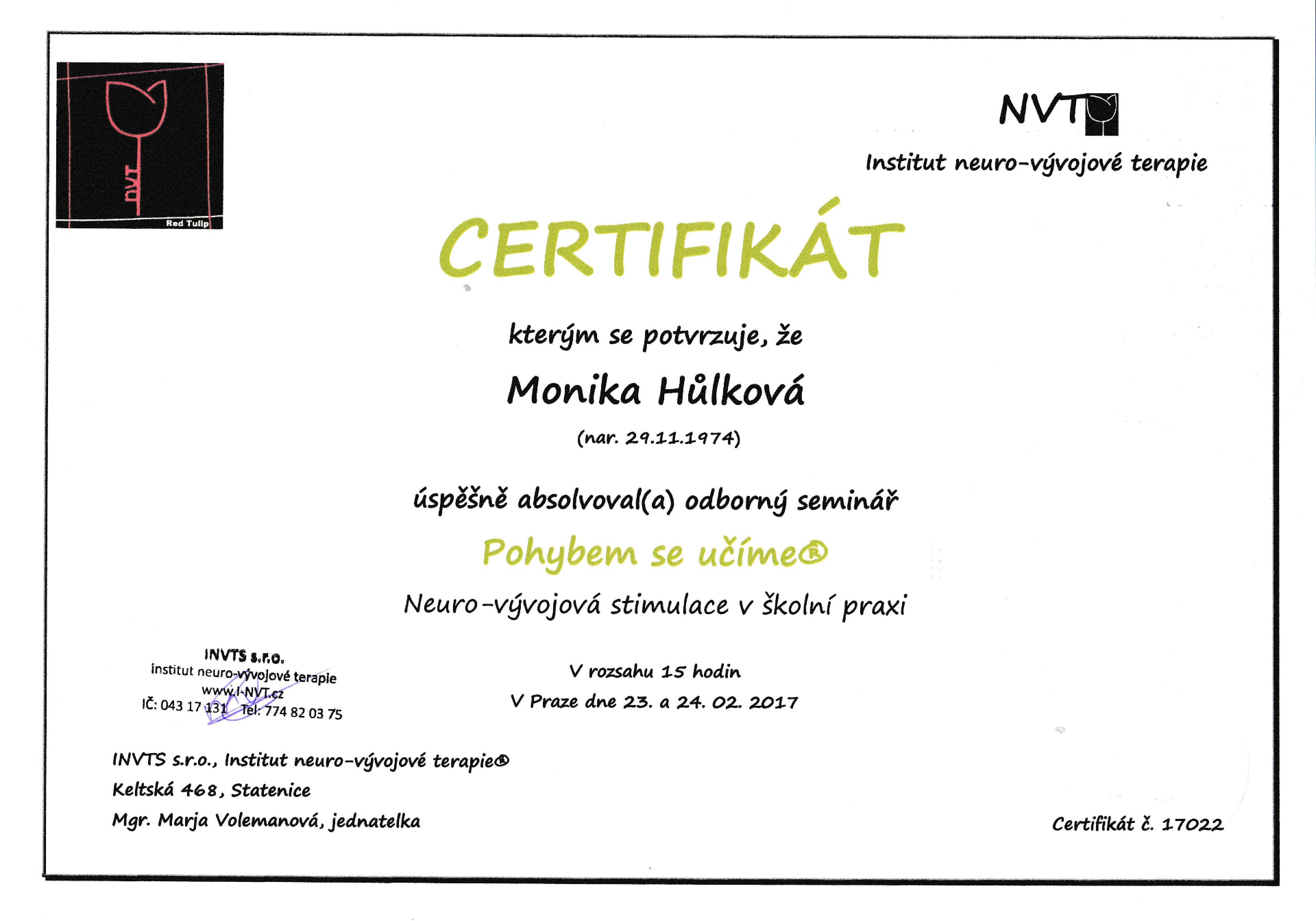 Certifikát Neuro-vývojová stimulace – strana 2
